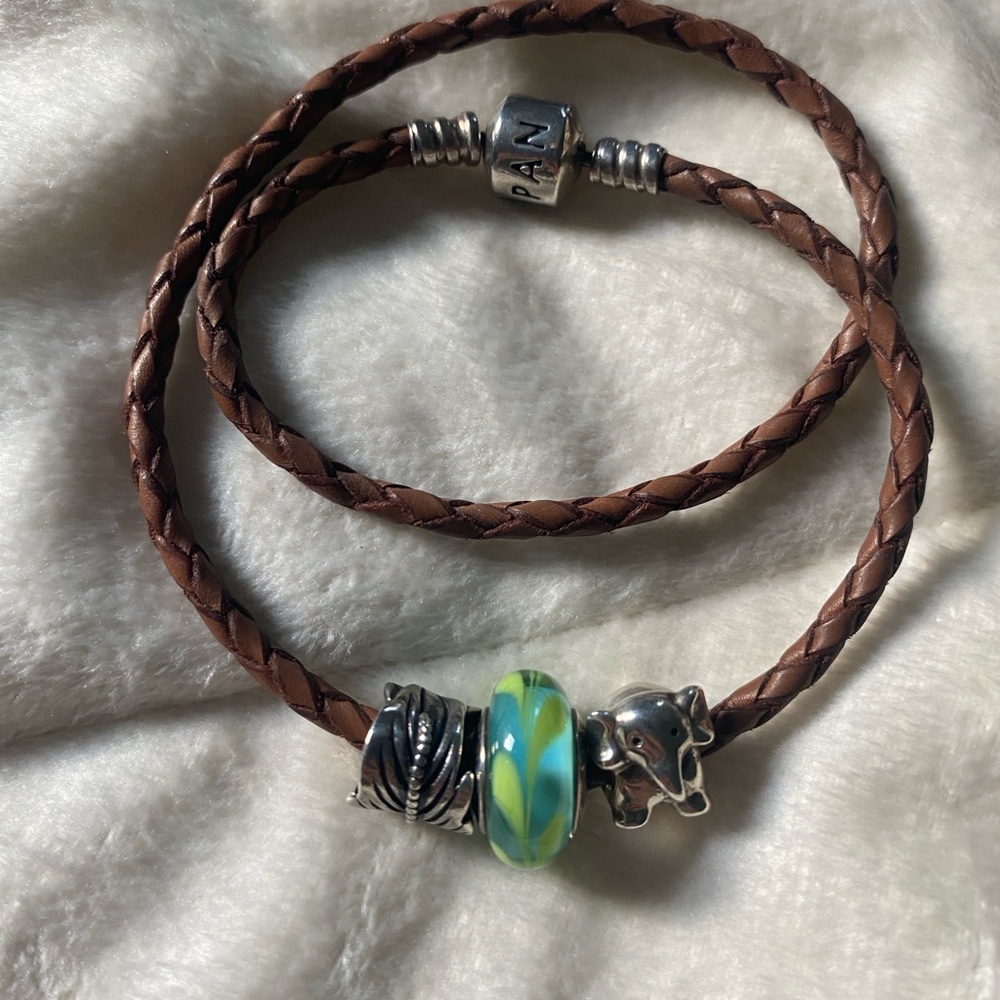 Pandora Brown Braided Leather Wrap Bracelet with Sterling Silver Charms - Picture 2 of 6